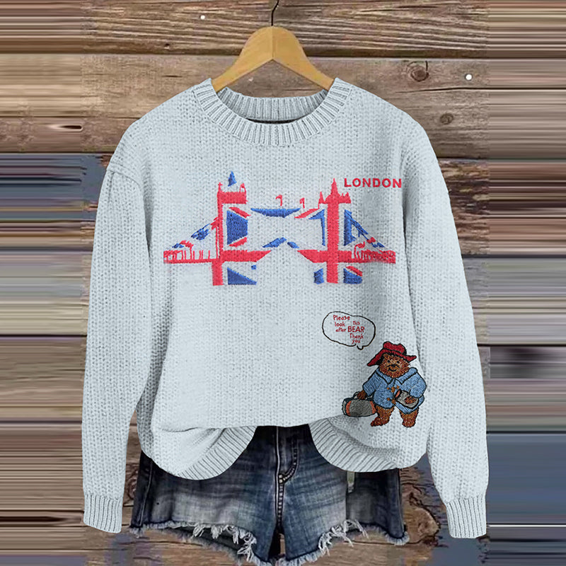 London Bear Embroidered Cozy Knit Sweater