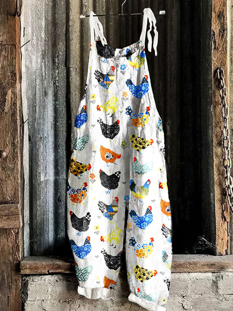 Cute Farm Floral Chicken Pattern Linen Blend Comfy Jumpsuit