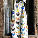 Cute Farm Floral Chicken Pattern Linen Blend Comfy Jumpsuit