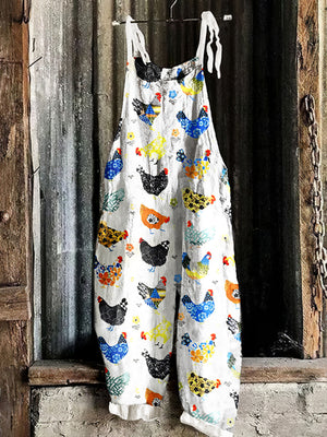 Cute Farm Floral Chicken Pattern Linen Blend Comfy Jumpsuit