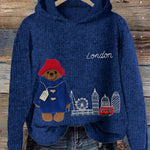 London Bear Felt Embroidered Cozy Knit Hooded Sweater