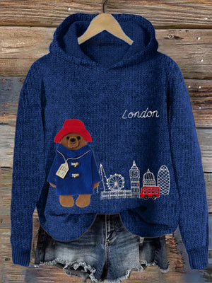 London Bear Felt Embroidered Cozy Knit Hooded Sweater