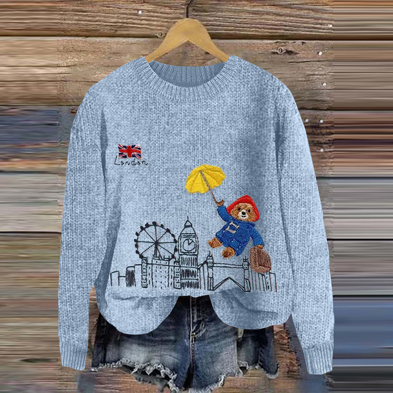 Cozy Bear Landing In London Embroidered Knitted Sweater