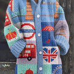 London Print Casual Knit Hooded Cardigan