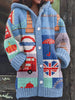 London Print Casual Knit Hooded Cardigan