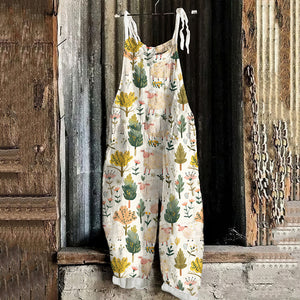 Women's Retro Farm Sheep Forest Print Sleeveless Jumpsuit