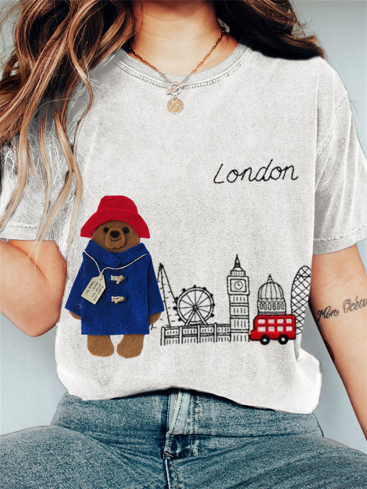 London Bear Felt Embroidered Washed T Shirt