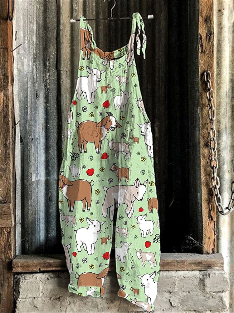 Women's Farm Animals Print Linen Blend Casual Jumpsuit