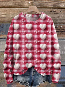 Hearts and Pearls Valentine's Day Gift Print Knit Pullover Sweater