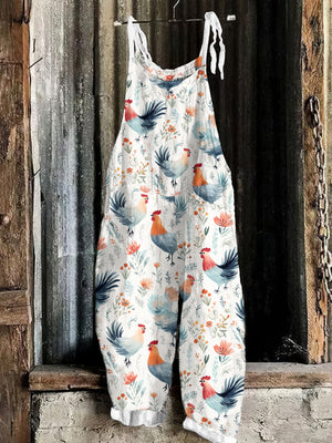 Farm Rooster Flower Print Casual Loose Jumpsuit