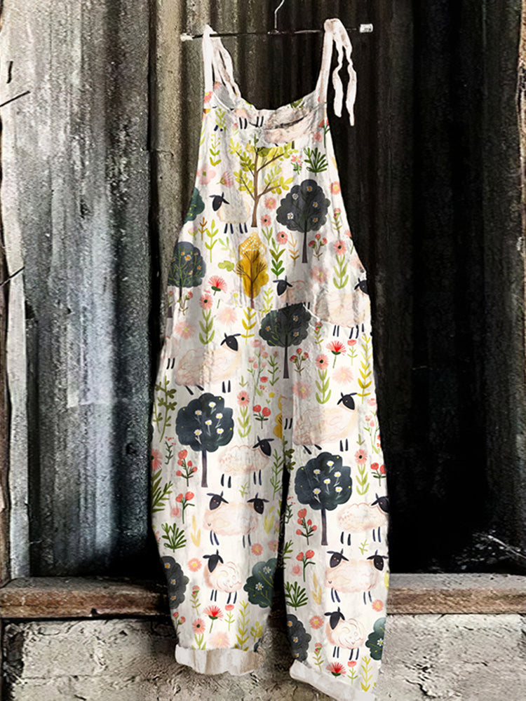 Vintage Farm Sheep And Tree Printed Jumpsuit