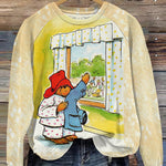 Retro Bear Colorblock Print Casual Sweatshirt