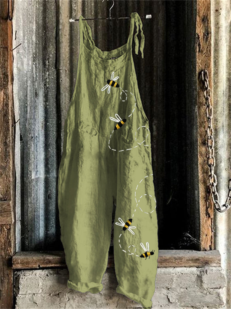 Flying Bees Embroidered Linen Blend Jumpsuit