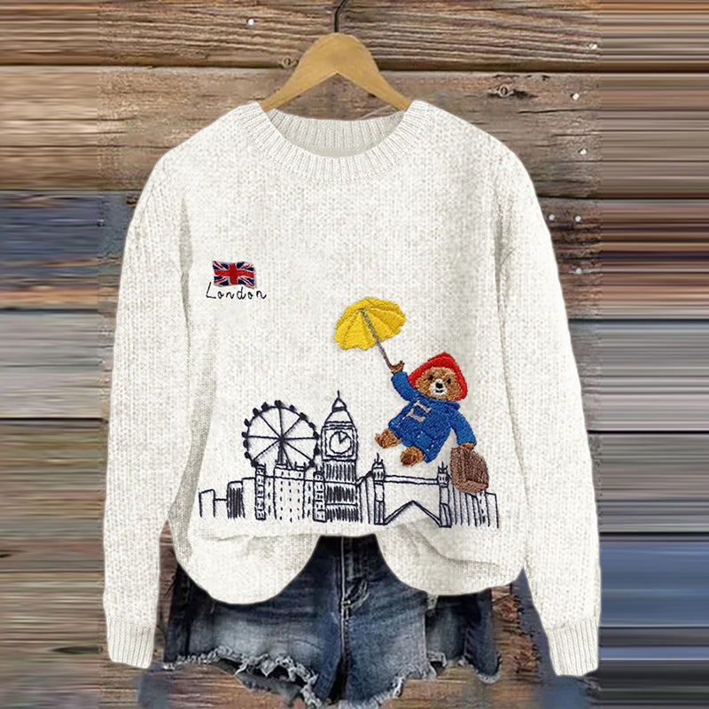 Cozy Bear Landing In London Embroidered Knitted Sweater