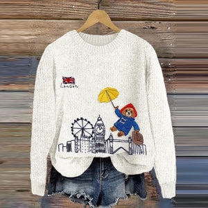 Cozy Bear Landing In London Embroidered Knitted Sweater