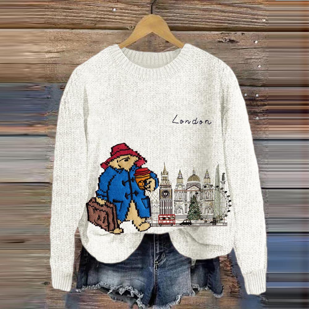 Bear In London Street Embroidered Cozy Knit Sweater