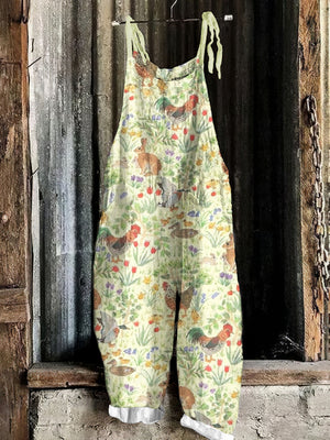 Farm Chicken Print Loose Jumpsuit