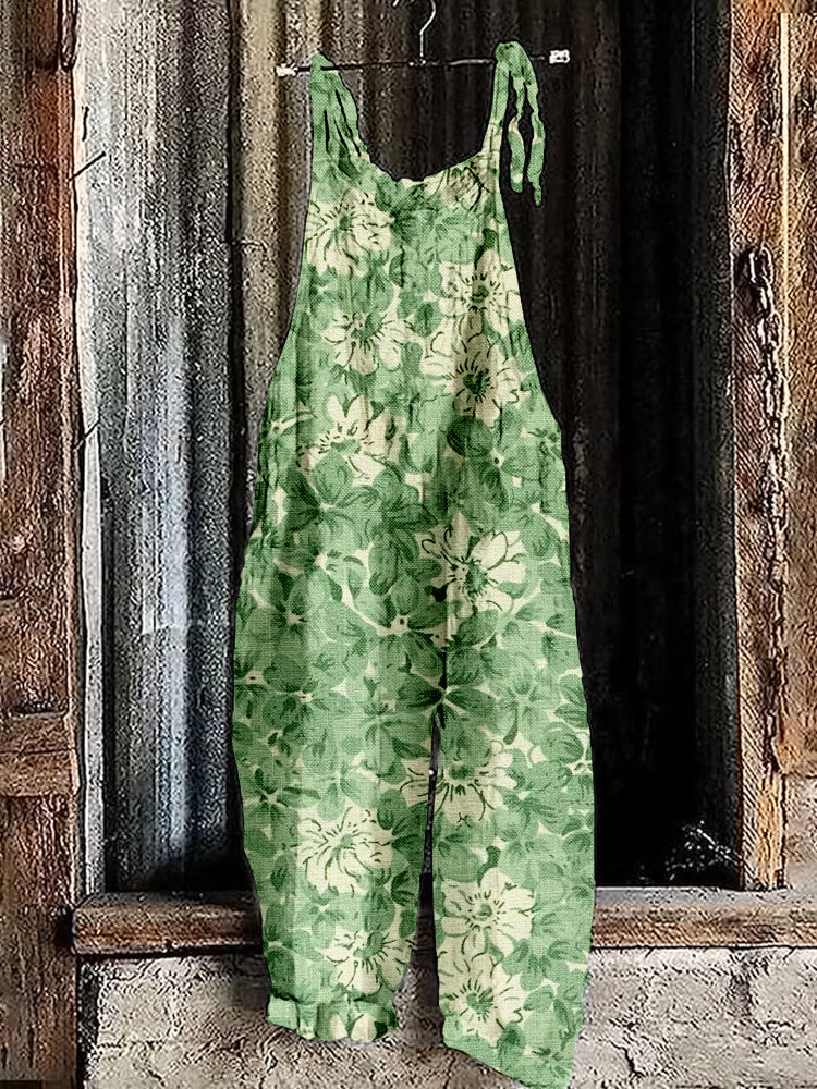 Green Floral Art Pattern Loose Fit Comfy Jumpsuit