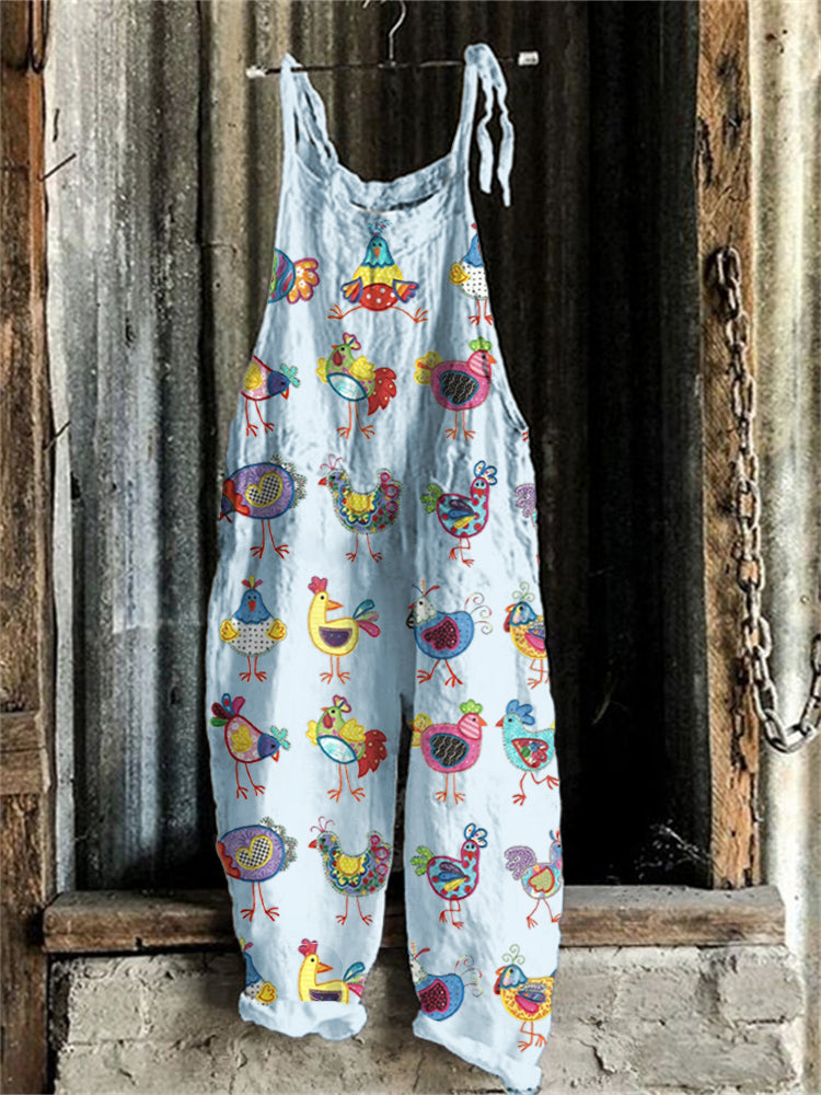 Funny Chickens Embroidery Pattern Linen Blend Casual Jumpsuit