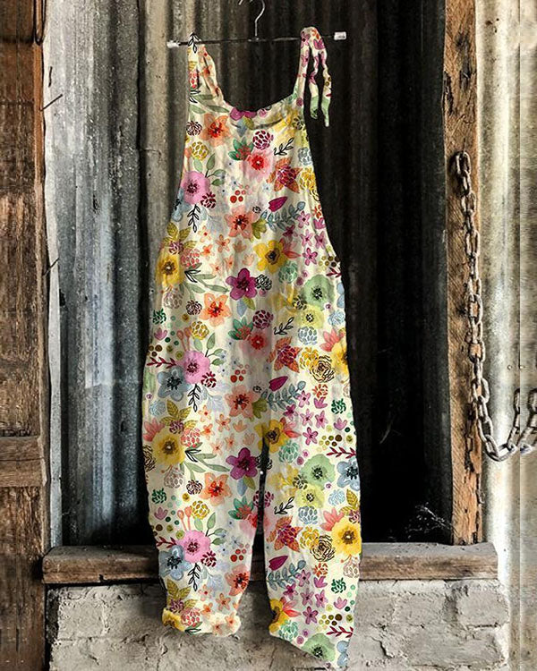 Women Fashion Art Work Aesthetic Floral Linen Jumpsuits