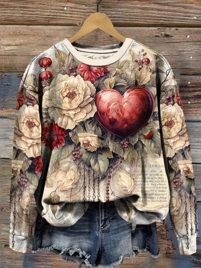 Retro Chic Valentine Heart Floral Long Sleeve Sweatshirt 