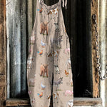 Women's Farm Animals Print Linen Blend Casual Jumpsuit