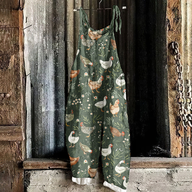 Farm Chicken& Floral Pattern Linen Blend Jumpsuit