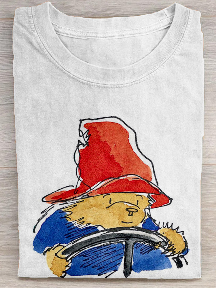 Lovely Driving Bear Graphic Crew Neck Comfy T Shirt